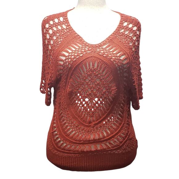 Lisa International Crochet Sweater M Terracotta  Lightweight Prairie-Chic Boho - Picture 1 of 9
